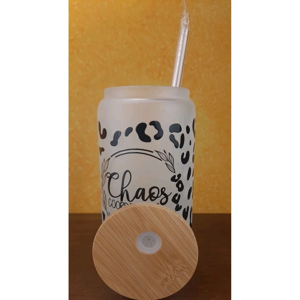 Chaos Coordinator Cheetah 12oz Frosted Glass Tumbler‎ With Straw Wood Top